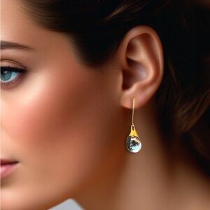New Gold tone and Blue Teardrop Glass Cabochon Crystal Earrings Women’s wedding